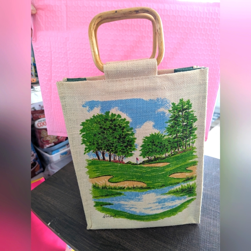 Golf Themed Canvas Tote Bag with Bamboo Handle - Picture 7 of 7